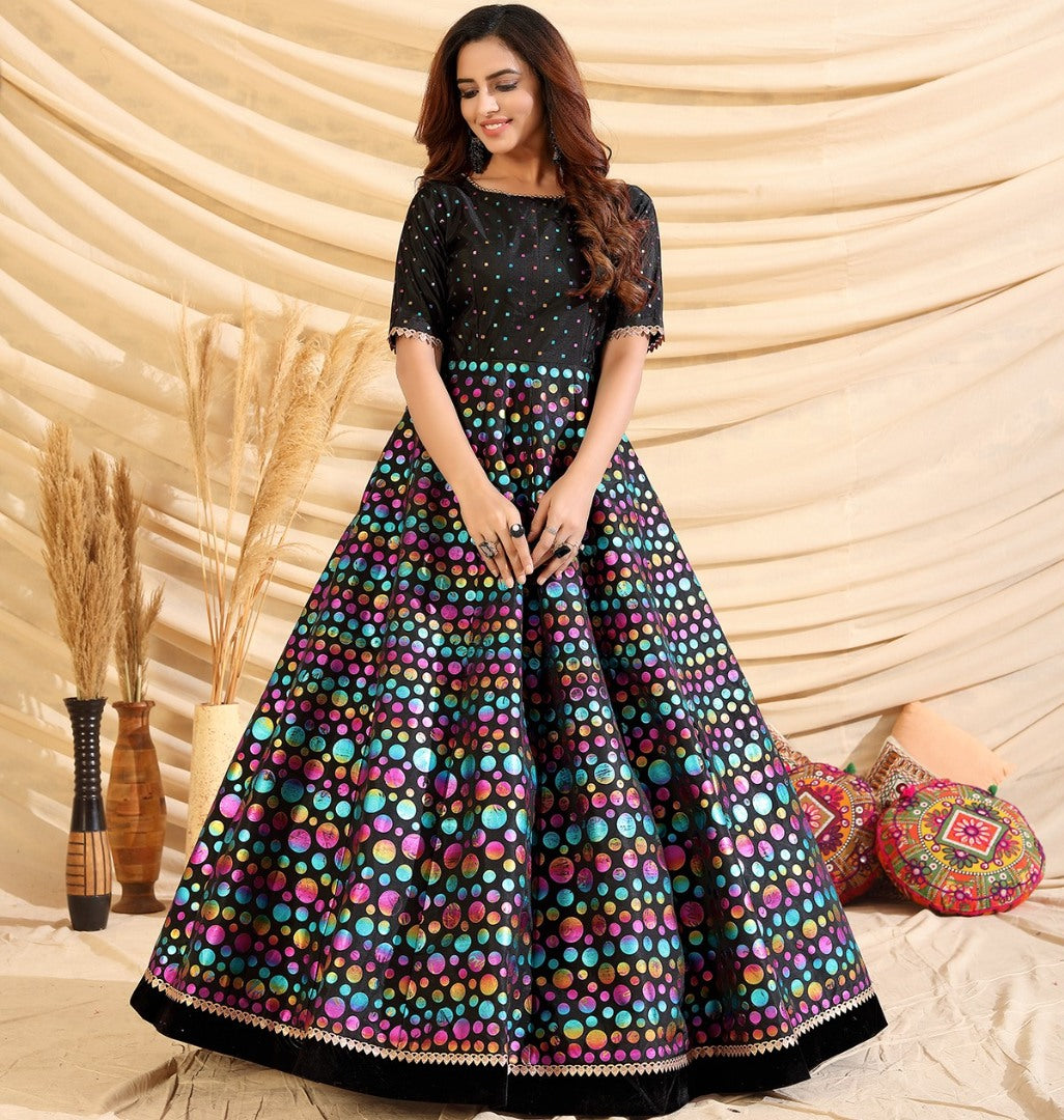 Black taffeta silk pigment multi color foil party wear gown