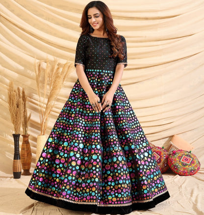 Black taffeta silk pigment multi color foil party wear gown