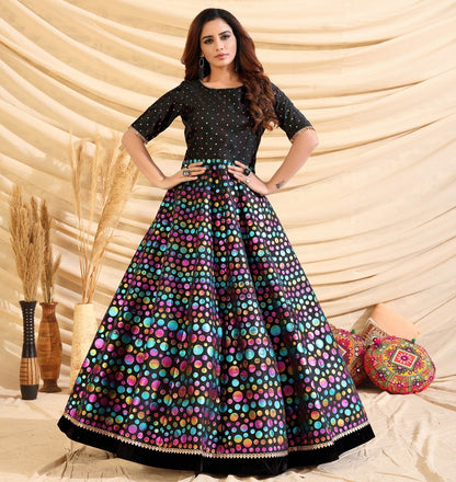 Black taffeta silk pigment multi color foil party wear gown
