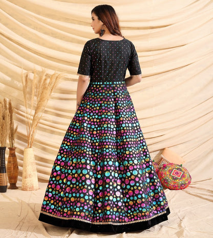 Black taffeta silk pigment multi color foil party wear gown