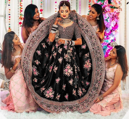 Black taffeta velvet heavy embroidered work wedding lehenga choli