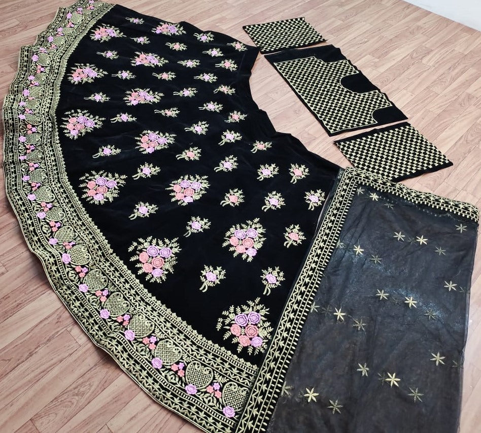 Black taffeta velvet heavy embroidered work wedding lehenga choli