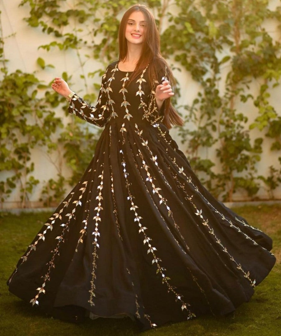 Black tapeta embroidered paper mirror work gown