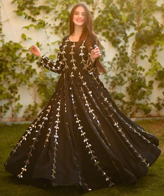 Black tapeta embroidered paper mirror work gown