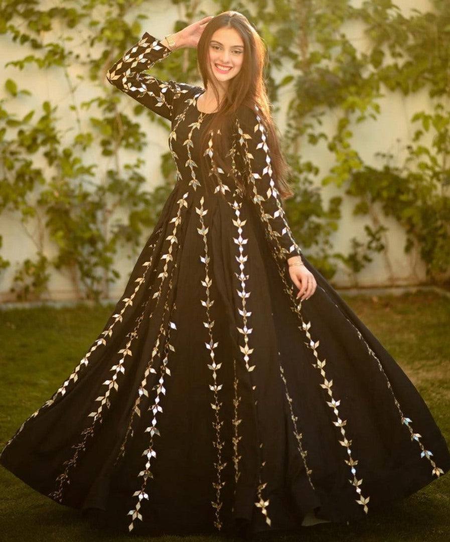 Black tapeta embroidered paper mirror work gown