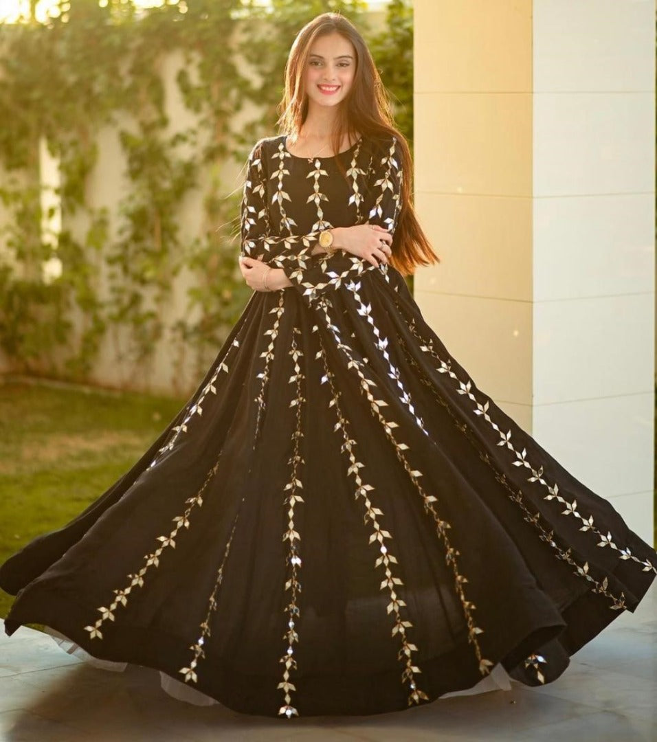 Black tapeta embroidered paper mirror work gown