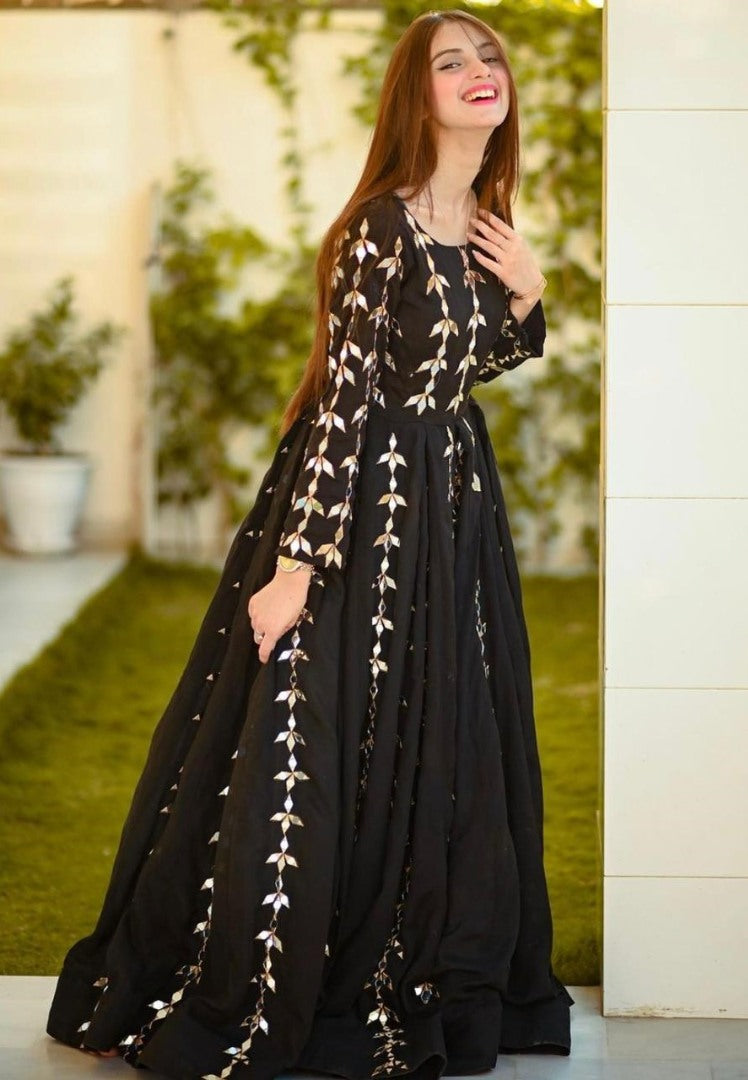 Black tapeta embroidered paper mirror work gown