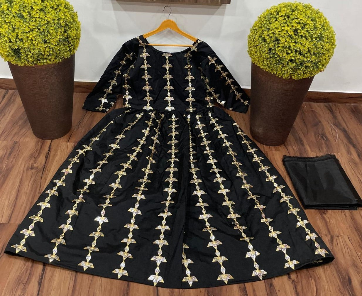 Black tapeta embroidered paper mirror work gown