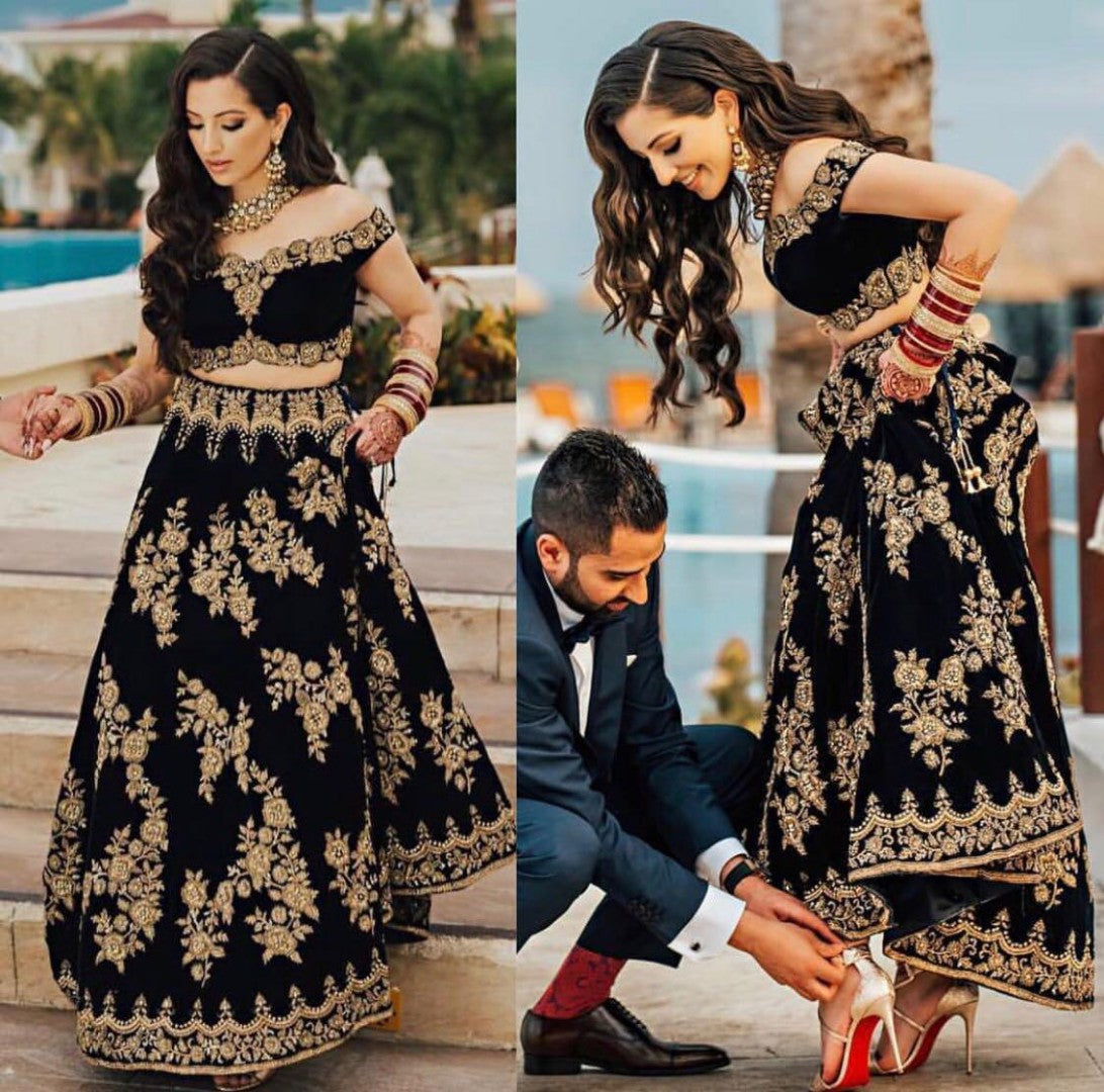 Black tapeta silk beautiful embroidered wedding lehenga
