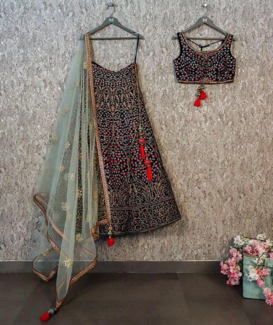 Black tapeta silk beautiful heavy embroidered wedding lehenga
