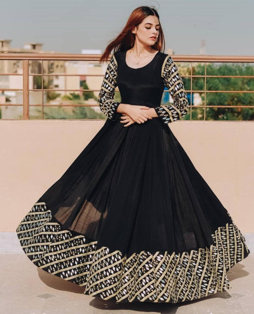 Black tapeta silk designer embroidered anarkali gown