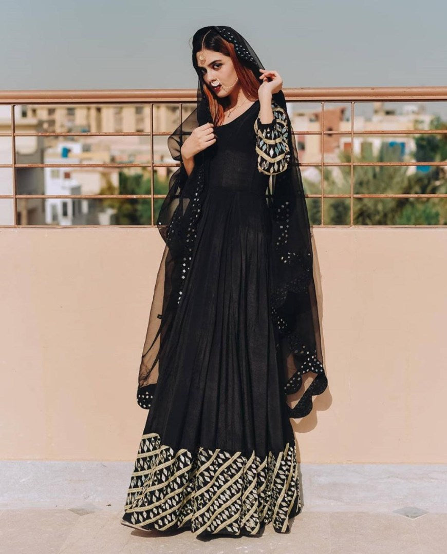 Black tapeta silk designer embroidered anarkali gown