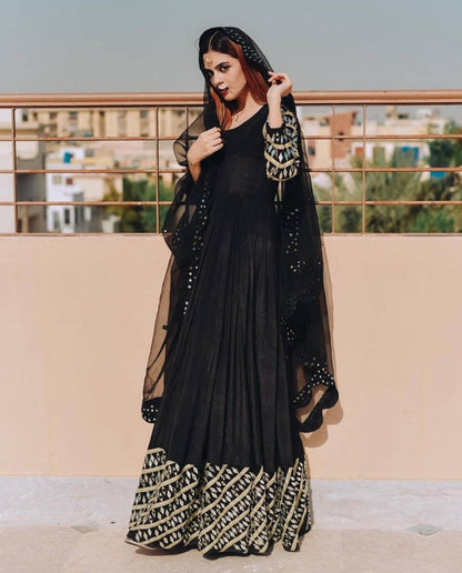 Black tapeta silk designer embroidered anarkali gown