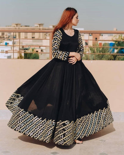 Black tapeta silk designer embroidered anarkali gown