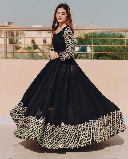 Black tapeta silk designer embroidered anarkali gown