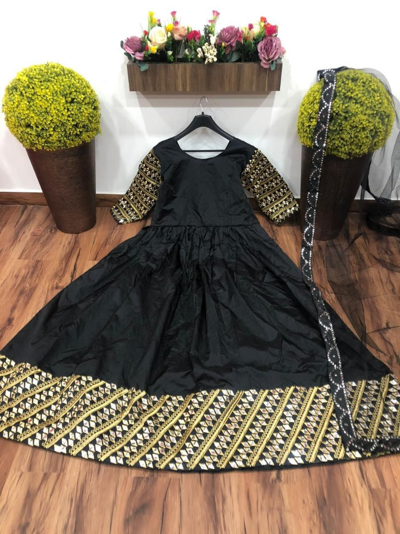 Black tapeta silk designer embroidered anarkali gown
