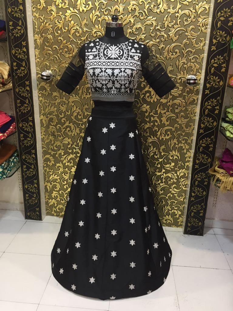 Black tapeta silk embroidered bollywood style partywear lehenga