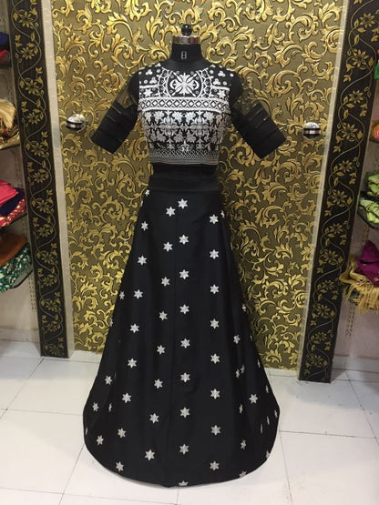 Black tapeta silk embroidered bollywood style partywear lehenga