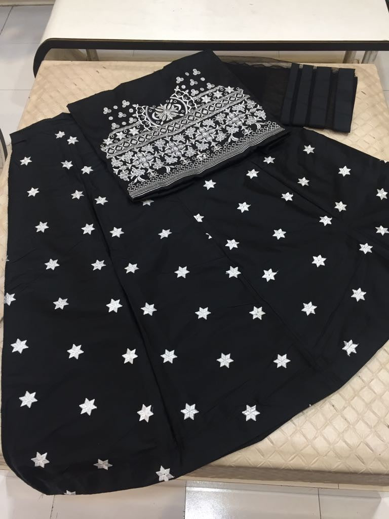 Black tapeta silk embroidered bollywood style partywear lehenga