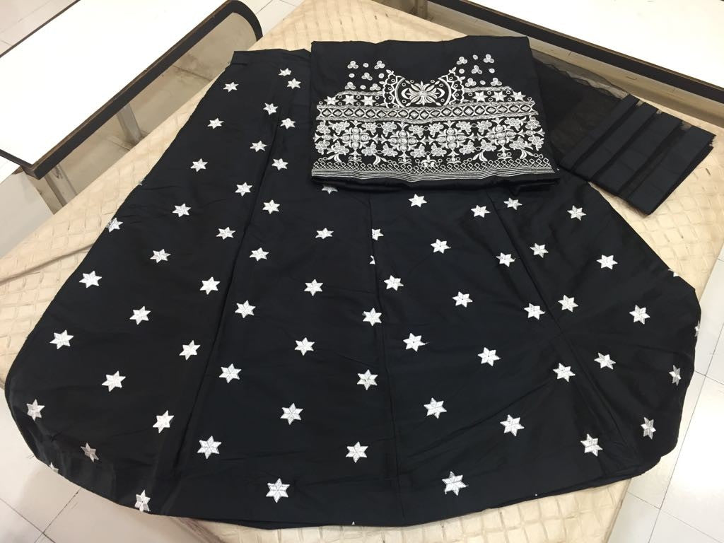 Black tapeta silk embroidered bollywood style partywear lehenga