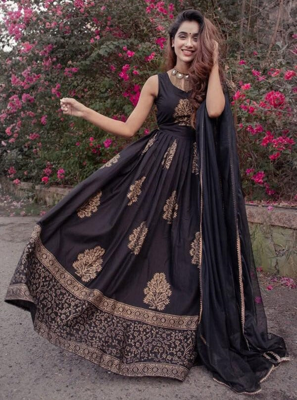 Black tapeta silk embroidered long anarkali gown