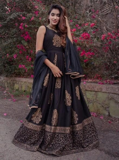 Black tapeta silk embroidered long anarkali gown