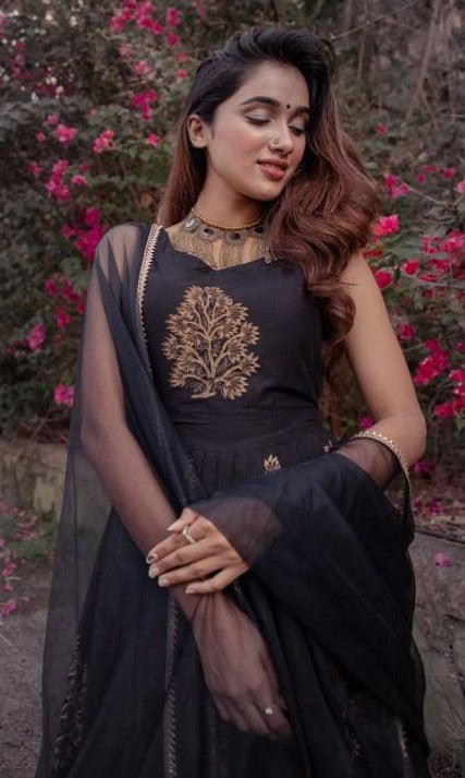Black tapeta silk embroidered long anarkali gown