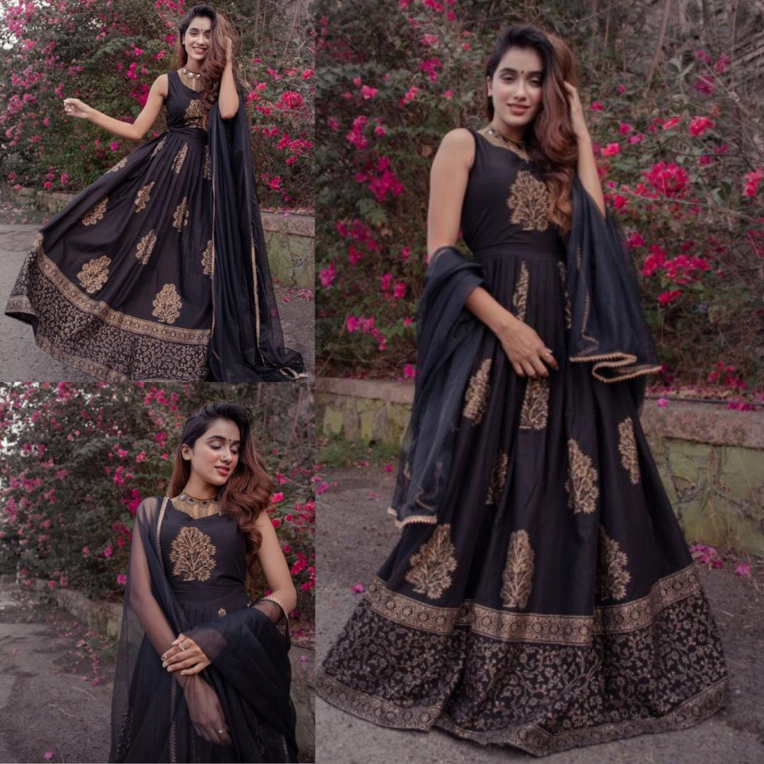 Black tapeta silk embroidered long anarkali gown