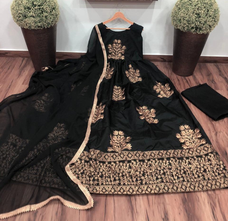 Black tapeta silk embroidered long anarkali gown