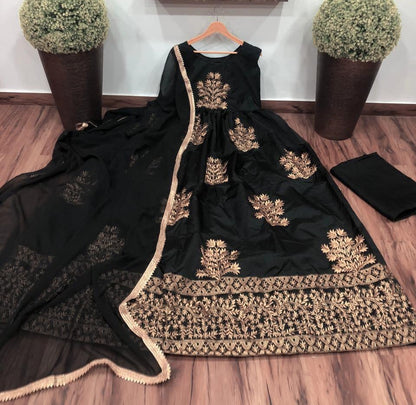 Black tapeta silk embroidered long anarkali gown
