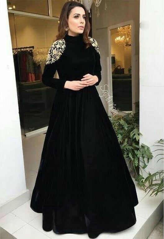 Black tapeta silk embroidered partywear gown