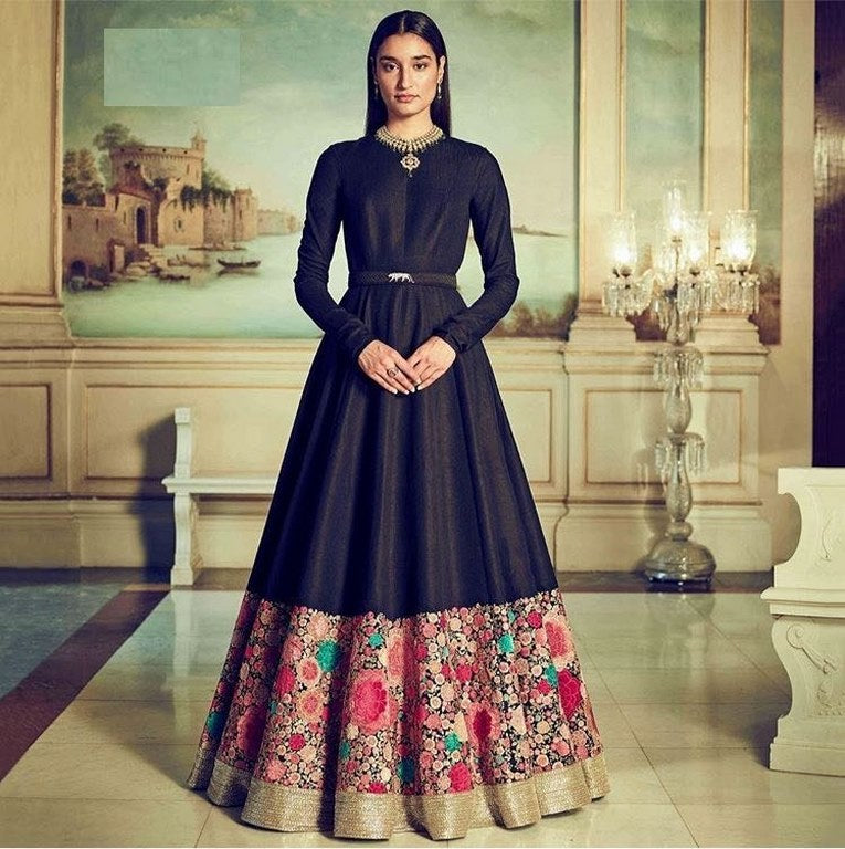 Black tapeta silk embroidered partywear gown