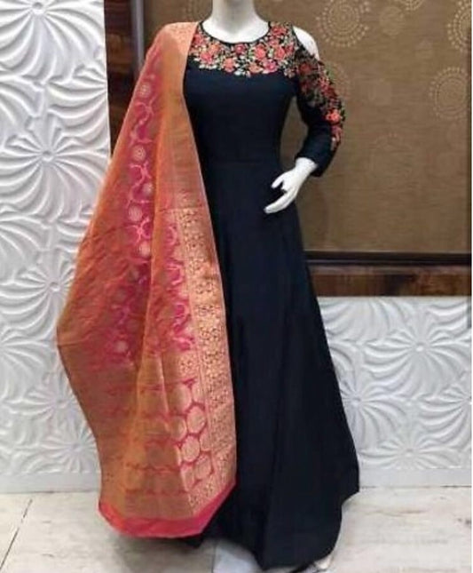 Black tapeta silk embroidered partywear gown