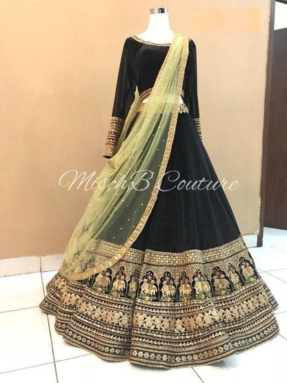 black tapeta silk embroidered wedding lehenga