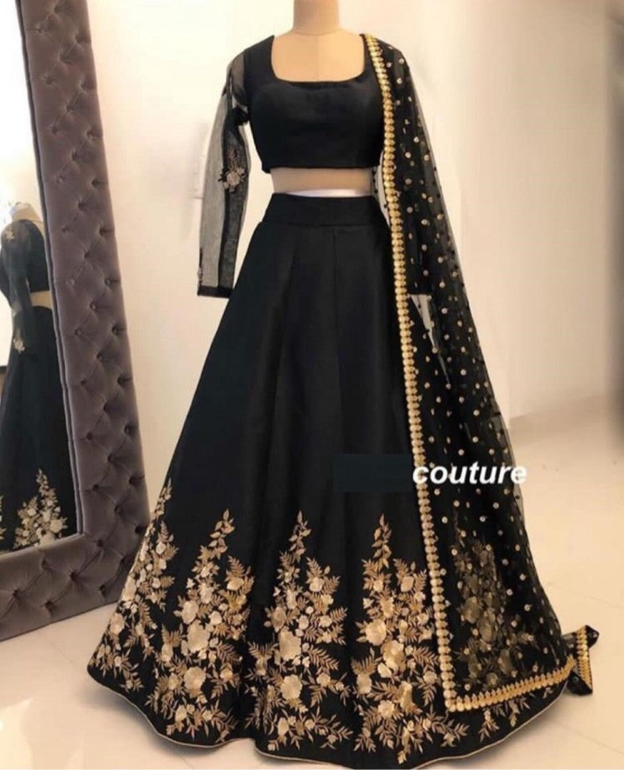 Black tapeta silk embroidered wedding lehenga