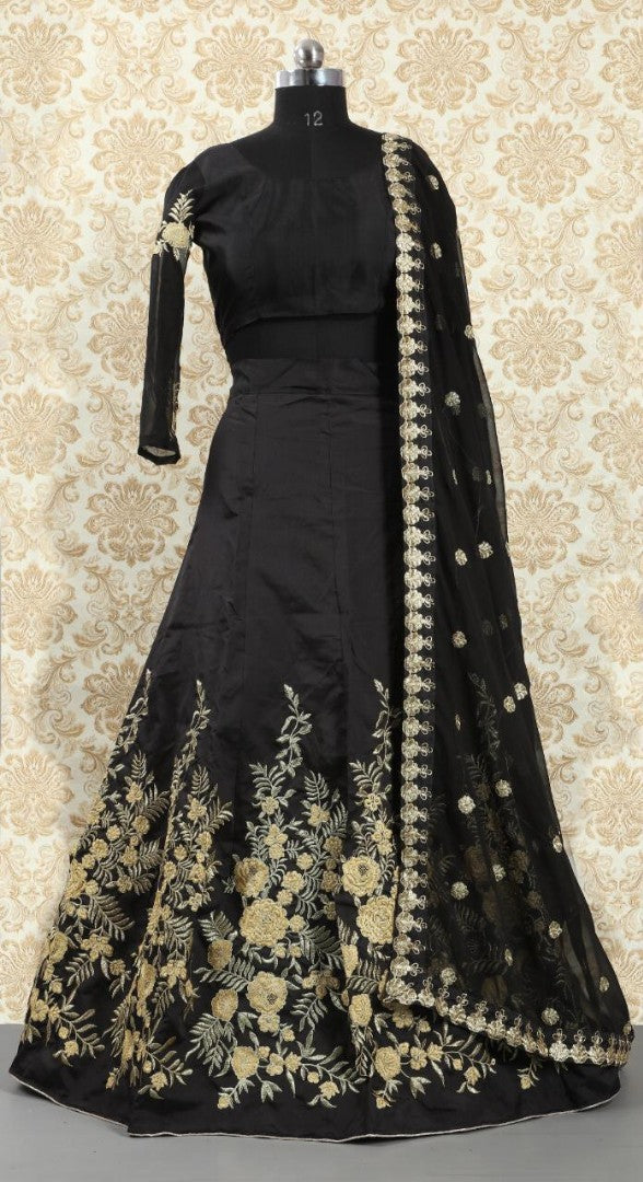 Black tapeta silk embroidered wedding lehenga