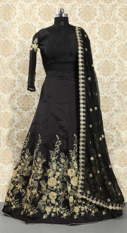 Black tapeta silk embroidered wedding lehenga