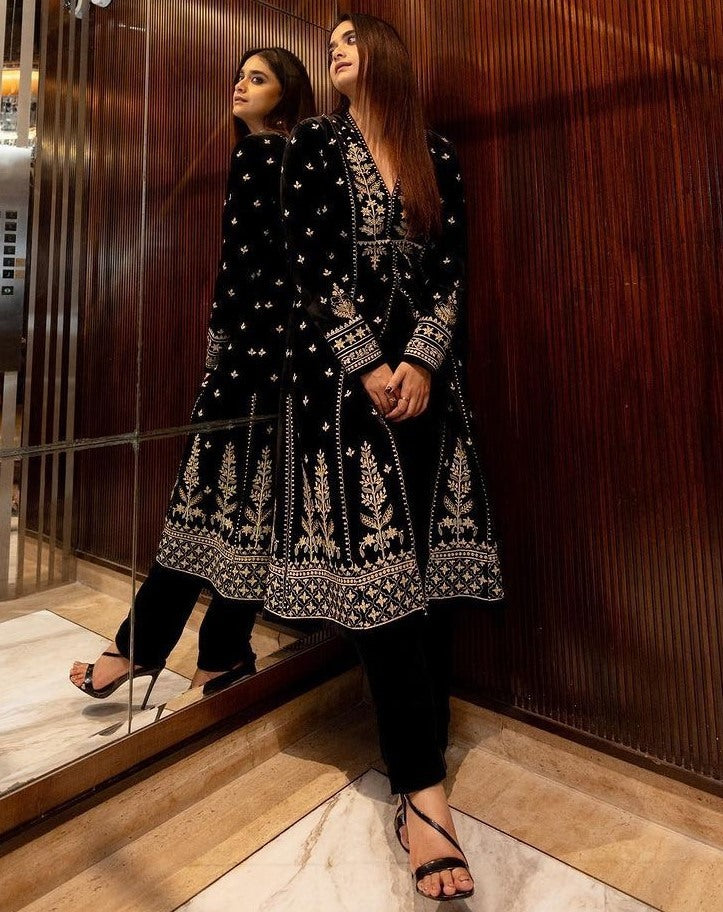 Black tapeta silk heavy embroidered pant suit