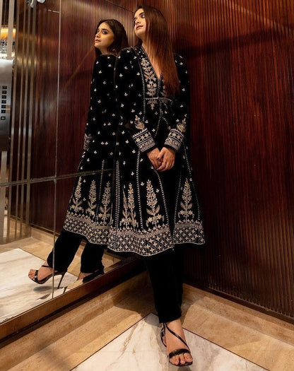 Black tapeta silk heavy embroidered pant suit
