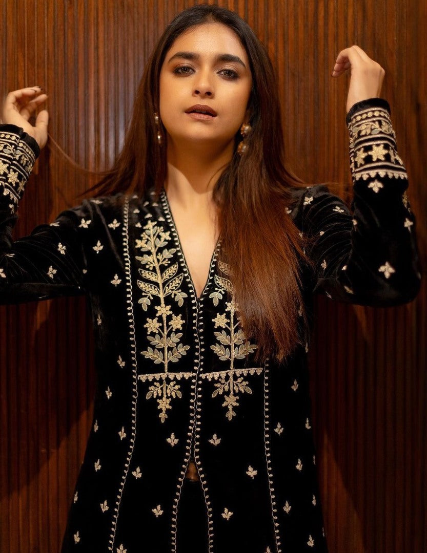 Black tapeta silk heavy embroidered pant suit