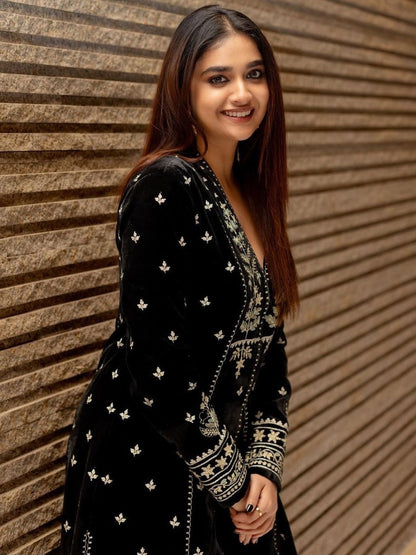 Black tapeta silk heavy embroidered pant suit