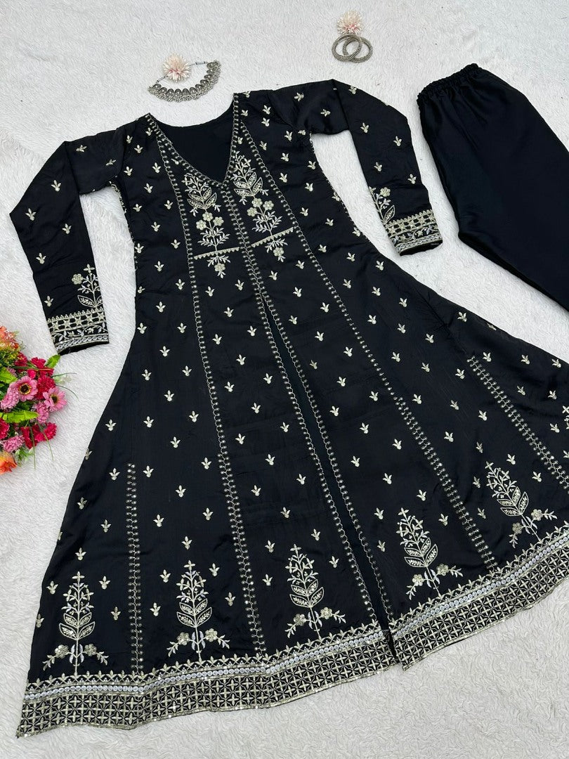 Black tapeta silk heavy embroidered pant suit