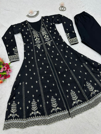 Black tapeta silk heavy embroidered pant suit