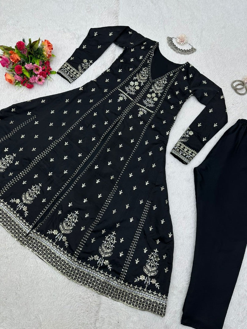 Black tapeta silk heavy embroidered pant suit