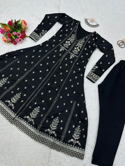 Black tapeta silk heavy embroidered pant suit