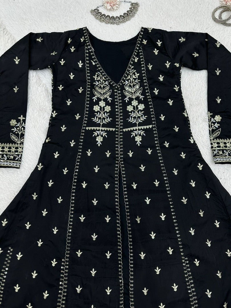 Black tapeta silk heavy embroidered pant suit