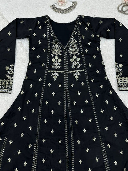 Black tapeta silk heavy embroidered pant suit