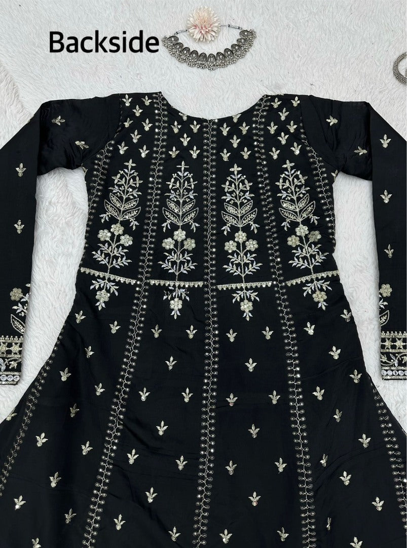 Black tapeta silk heavy embroidered pant suit