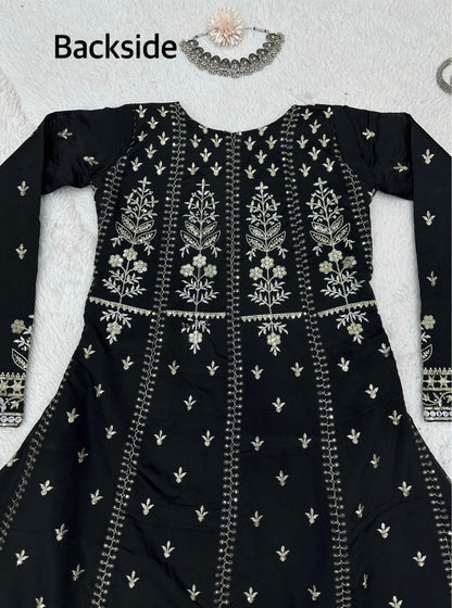 Black tapeta silk heavy embroidered pant suit