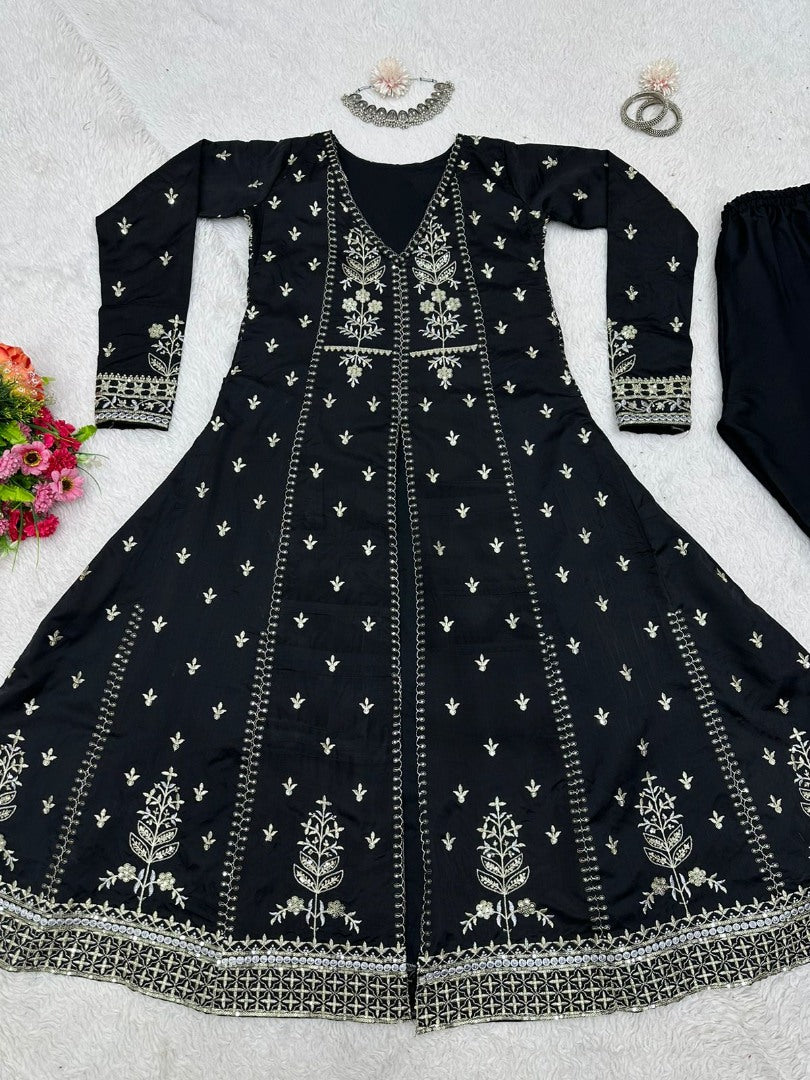 Black tapeta silk heavy embroidered pant suit